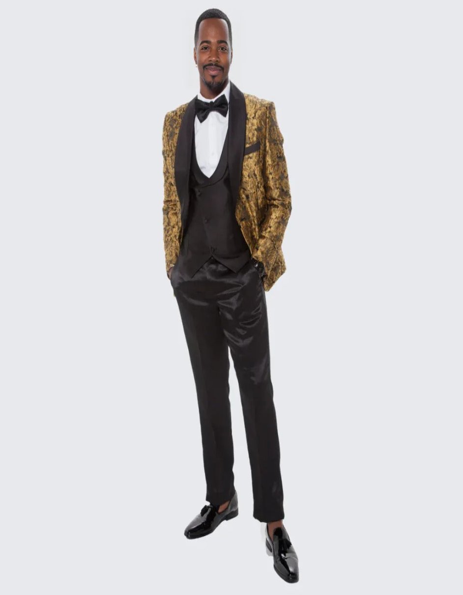 Black and Gold Prom Suit - Gold Tuxedo with Floral Design Four Piece Set - Wedding - Prom