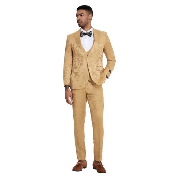 2024 Floral Mens 3PC Suit w/ Double Breasted Vest by Tazzio, Golden - Men's Tuxedo USA