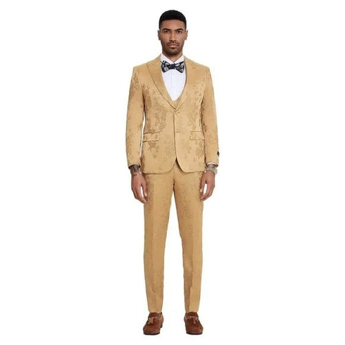 2024 Floral Mens 3PC Suit w/ Double Breasted Vest by Tazzio, Golden - Men's Tuxedo USA