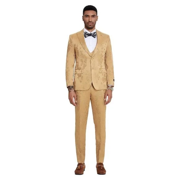 2024 Floral Mens 3PC Suit w/ Double Breasted Vest by Tazzio, Golden - Men's Tuxedo USA