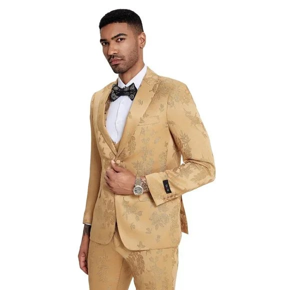 2024 Floral Mens 3PC Suit w/ Double Breasted Vest by Tazzio, Golden - Men's Tuxedo USA