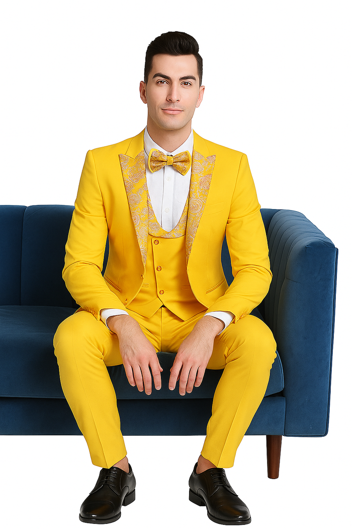 Radiant Golden Bloom Mens 3-Piece Suit with Floral Peak Lapel by USA Men's Outlet