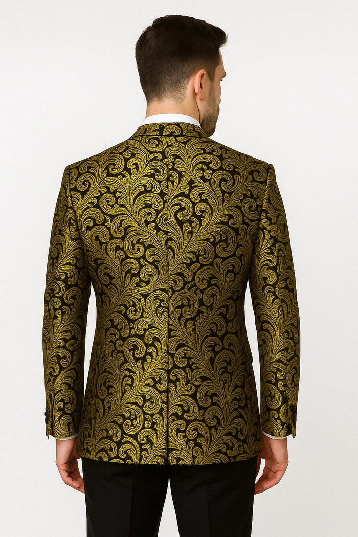 Mens Goldish Yellow and Black Paisley Tuxedo Blazer with Matching Bow Tie with Black Pants USA Men's Outlet