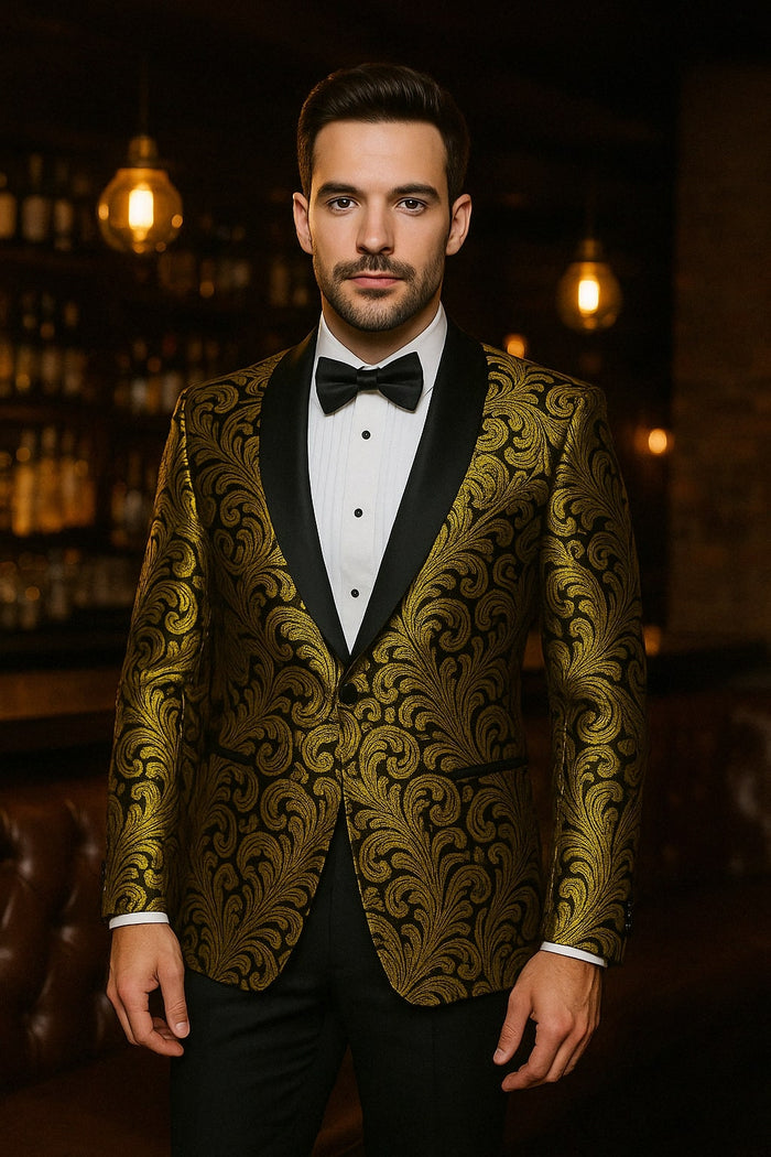 Mens Goldish Yellow and Black Paisley Tuxedo Blazer with Matching Bow Tie with Black Pants USA Men's Outlet