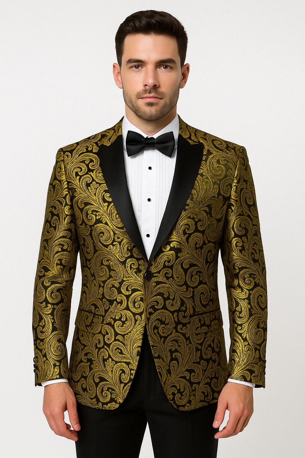 Mens Goldish Yellow and Black Paisley Tuxedo Blazer with Matching Bow Tie with Black Pants