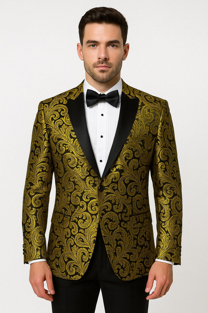 Mens Goldish Yellow and Black Paisley Tuxedo Blazer with Matching Bow Tie with Black Pants USA Men's Outlet