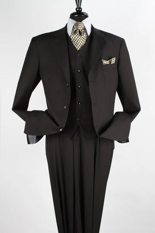 Mens Classic Fit 3 Button Vested Single Pleated Pant Suit in Black