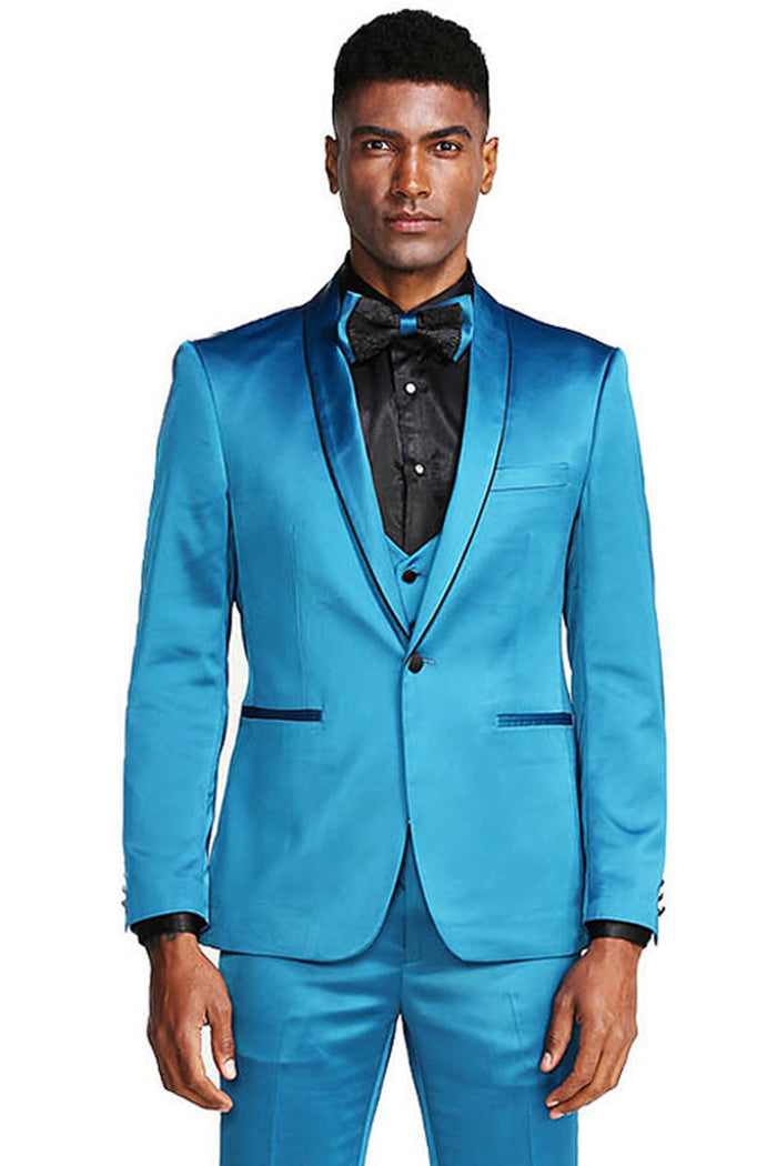 Turquoise Men's Slim Fit Vested Satin Tuxedo Suit for Prom & Wedding by Tazzio