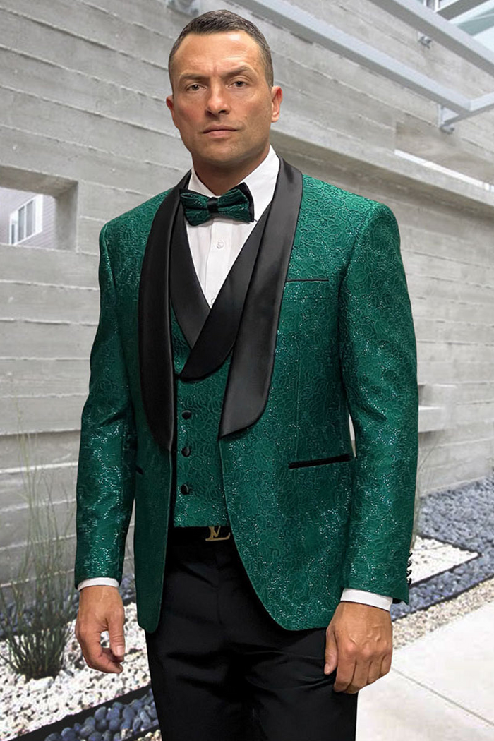 Men's Hunter Green Floral Lace Vested Tuxedo