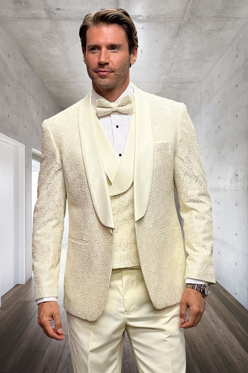 Men's Ivory Floral Lace Vested Tuxedo