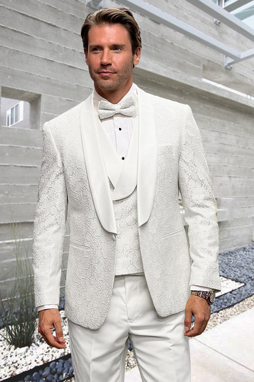 Men's Floral Lace Vested Tuxedo in White