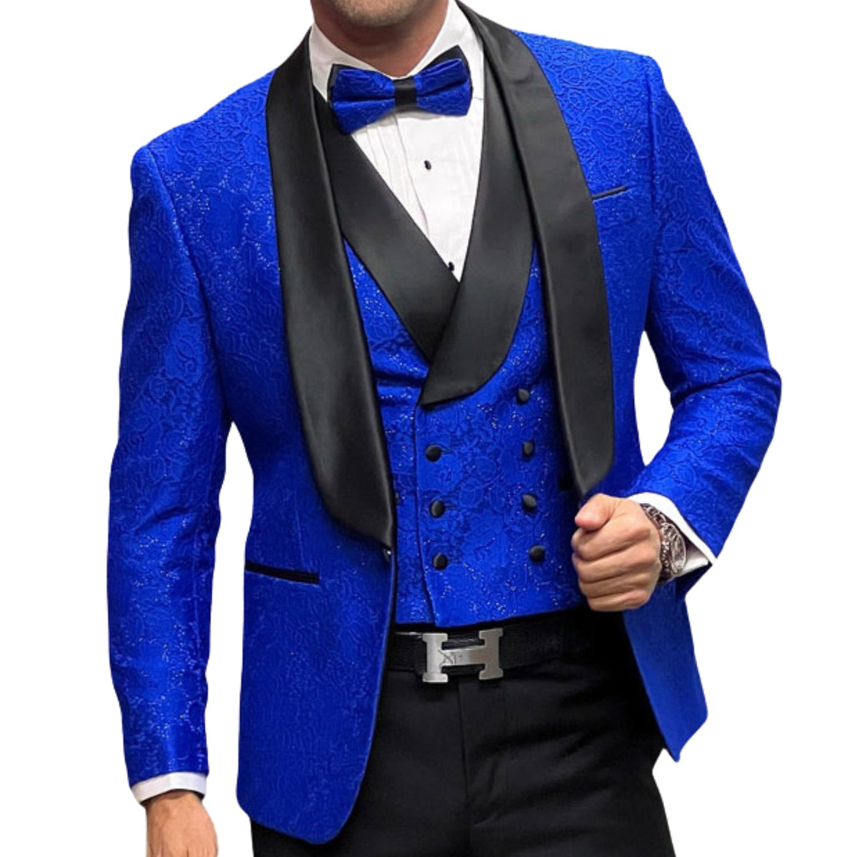 Men’s 3-Piece Fancy Lace Tailored Fit Tuxedo with Double Breasted Vest - Sapphire