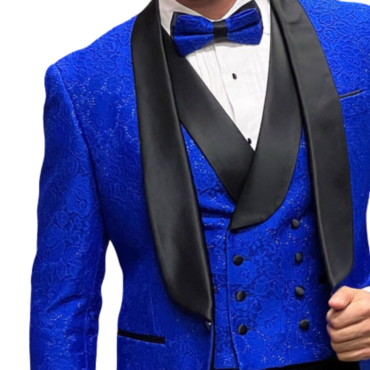 Men’s 3-Piece Fancy Lace Tailored Fit Tuxedo with Double Breasted Vest - Sapphire