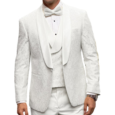 Men’s 3-Piece Fancy Lace Tailored Fit Tuxedo with Double Breasted Vest - White