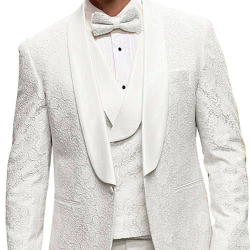 Men’s 3-Piece Fancy Lace Tailored Fit Tuxedo with Double Breasted Vest - White