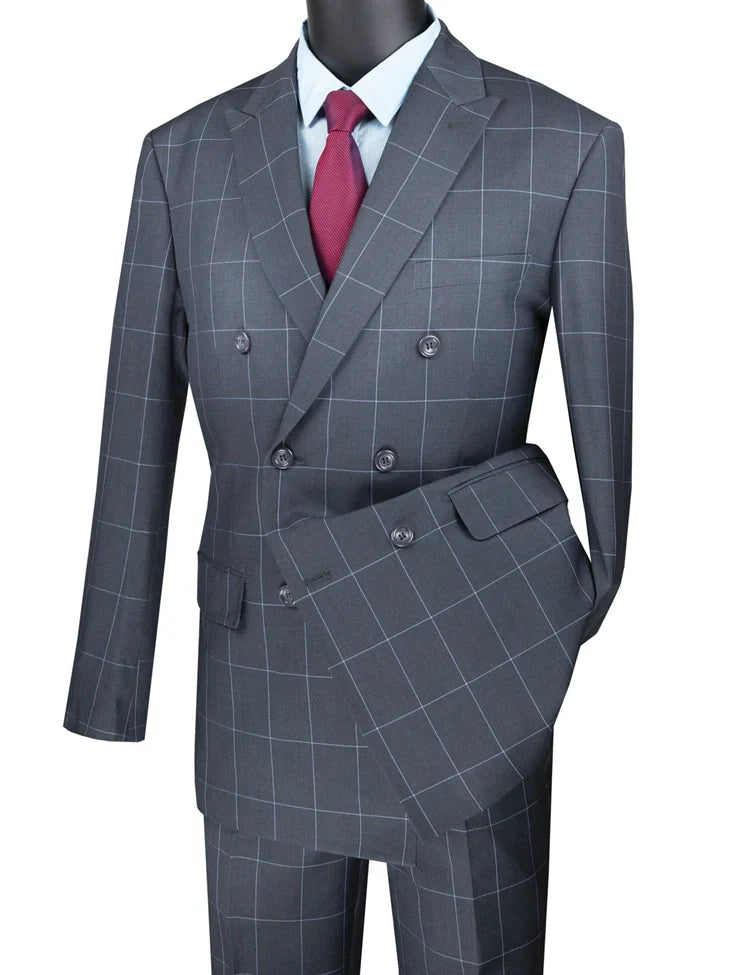 Gray Modern Fit Double Breasted Windowpane Peak Lapel 2 Piece Suit – SuitUSA