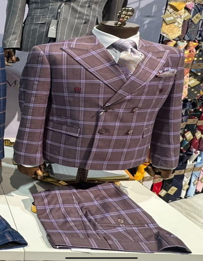 Rossiman Men’s Gray & Lavender Plaid Double-Breasted Suit by USA Men's Outlet