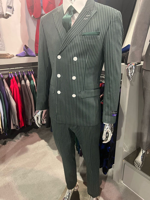 Mens Green Pinstripe Double-Breasted Suit - Slim Fit 2 Piece Formal Business Suit with Peak Lapel 1920s Gangster Pinstripe USA Men's Outlet