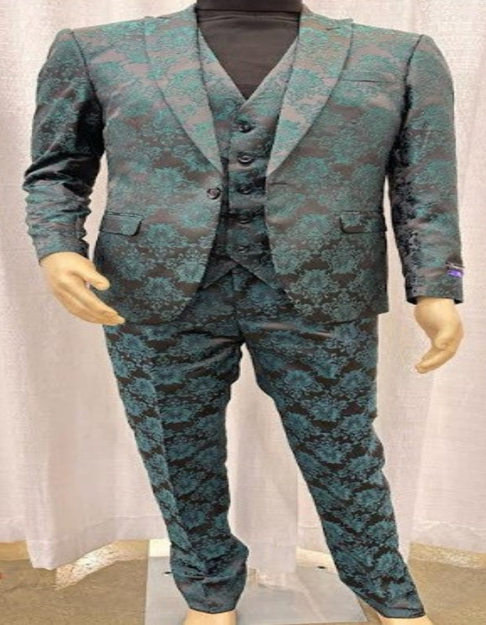Mens Green and Black Brocade Tuxedo Suit - 3 Piece Floral Jacquard Outfit for Weddings and Formal Events - Slim Fitted by USA Men's Outlet