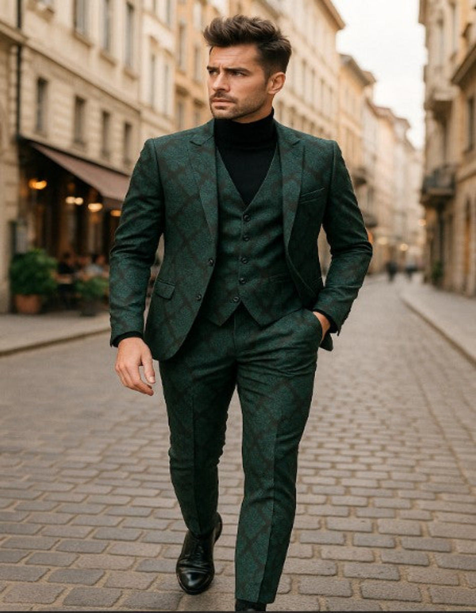 Mens Green and Black Brocade Tuxedo Suit - 3 Piece Floral Jacquard Outfit for Weddings and Formal Events - Slim Fitted by USA Men's Outlet