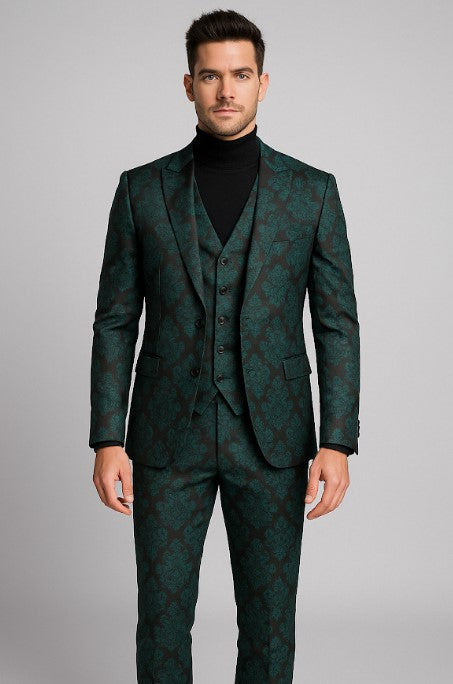 Mens Green and Black Brocade Tuxedo Suit - 3 Piece Floral Jacquard Outfit for Weddings and Formal Events - Slim Fitted by USA Men's Outlet