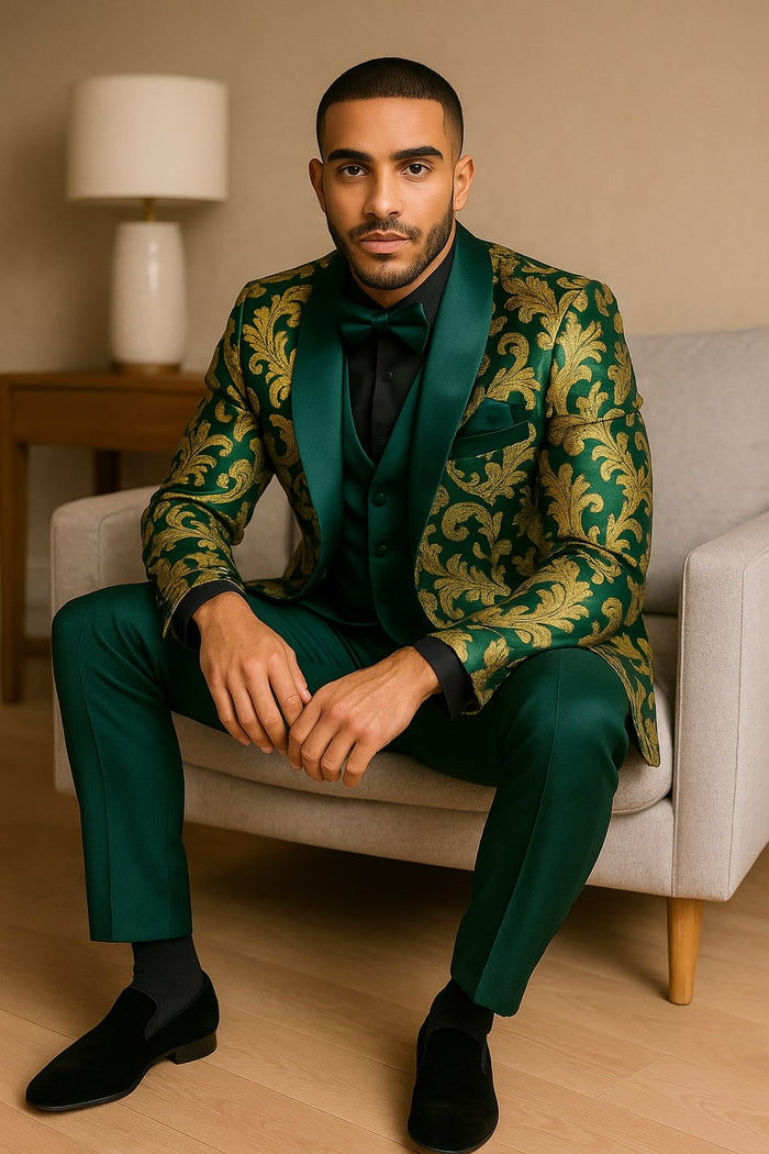 Mens Green and Gold Embroidered Tuxedo - 3-Piece Prom Suit by USA Men's Outlet