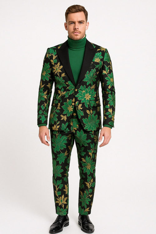 Men’s Green and Gold Floral Tuxedo Suit – Luxury 2 Piece Slim Fit Outfit for Weddings, Proms, and Special Events
