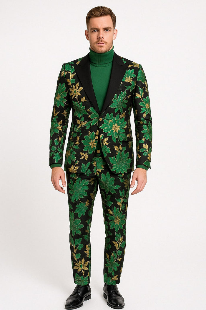 Men’s Green and Gold Floral Tuxedo Suit - Luxury 2 Piece Slim Fit Outfit for Weddings, Proms, and Special Events by USA Men's Outlet