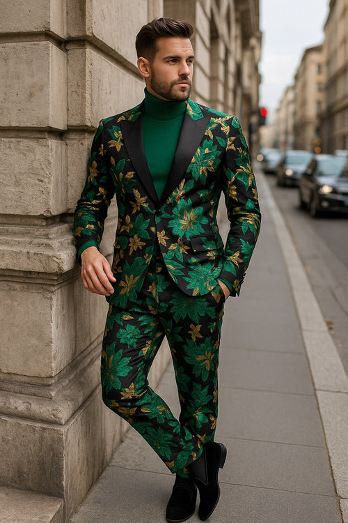 Men’s Green and Gold Floral Tuxedo Suit - Luxury 2 Piece Slim Fit Outfit for Weddings, Proms, and Special Events by USA Men's Outlet