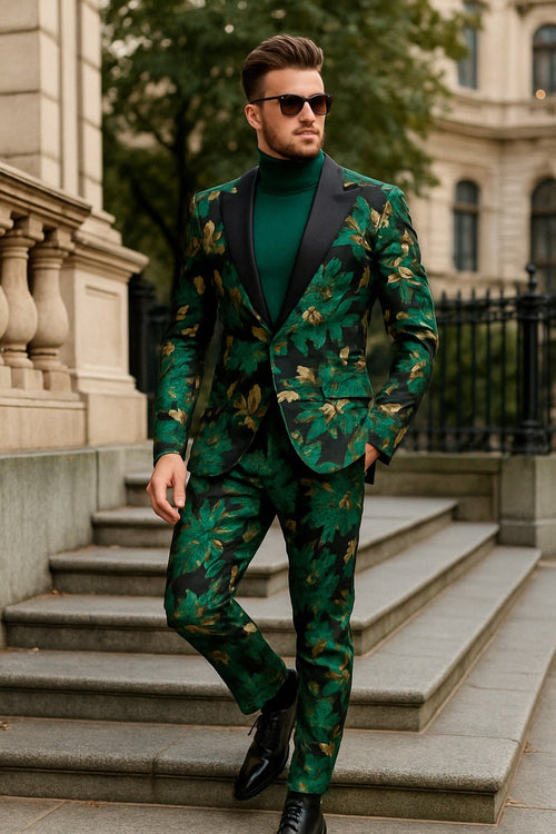 Men’s Green and Gold Floral Tuxedo Suit - Luxury 2 Piece Slim Fit Outfit for Weddings, Proms, and Special Events by USA Men's Outlet