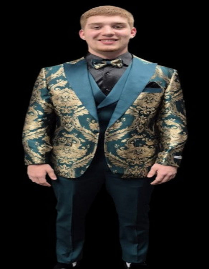 Green and Gold Tuxedo Suit - Paisley Floral Wedding Vested Suit by USA Men's Outlet
