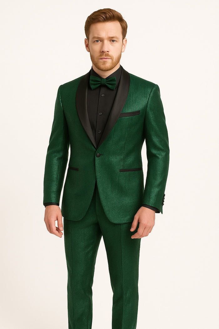 Men's Emerald Green Shiny Tuxedo with Black Satin Lapel and Matching Bow Tie - Ultra Slim Fit by USA Men's Outlet