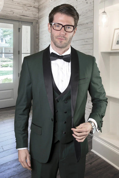 Green Prom Suit For Men - Men's Designer Wool Shawl Double Breasted Hunter Green Tuxedo