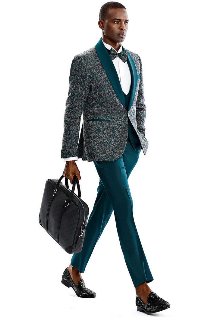 Green Prom Suit For Men - Men's One Button Vested Shawl Lapel Vintage Splatter Print Green Prom Tuxedo