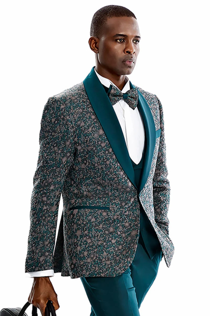 Green Prom Suit For Men - Men's One Button Vested Shawl Lapel Vintage Splatter Print Green Prom Tuxedo