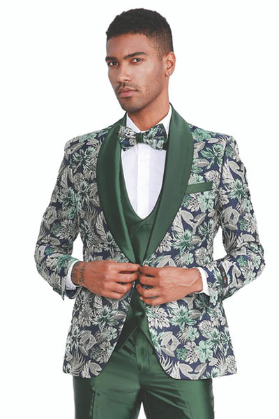 Green Prom Suit For Men - Men's Slim Fit One Button Vested Paisley Shawl Lapel Prom Hunter Green Tuxedo