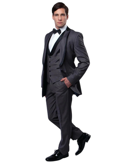 Gray Prom Suit - Mens Modern Wool Vested Peak Trim Prom Tuxedo in Charcoal Grey by PROMTUXEDO