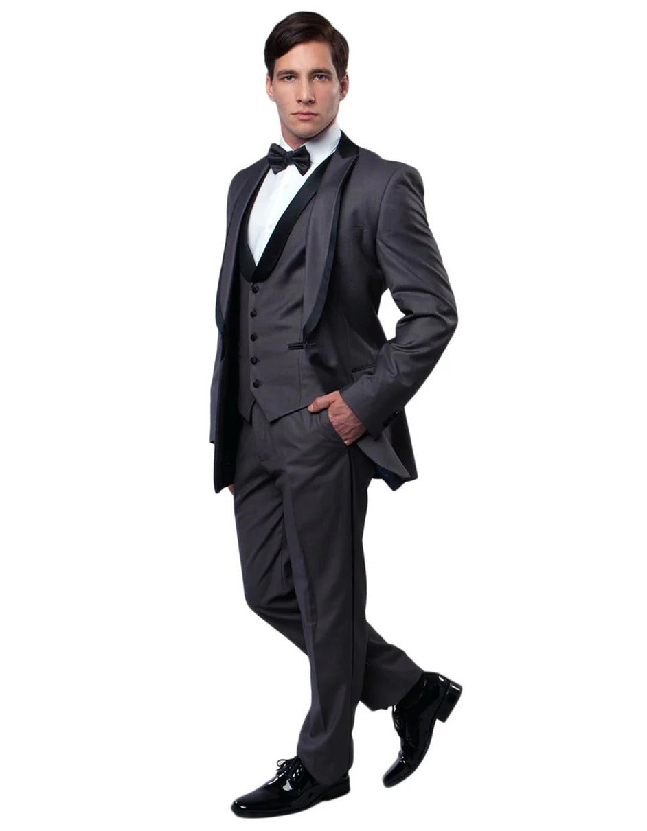 Gray Prom Suit - Mens Modern Wool Vested Peak Trim Prom Tuxedo in Charcoal Grey by PROMTUXEDO