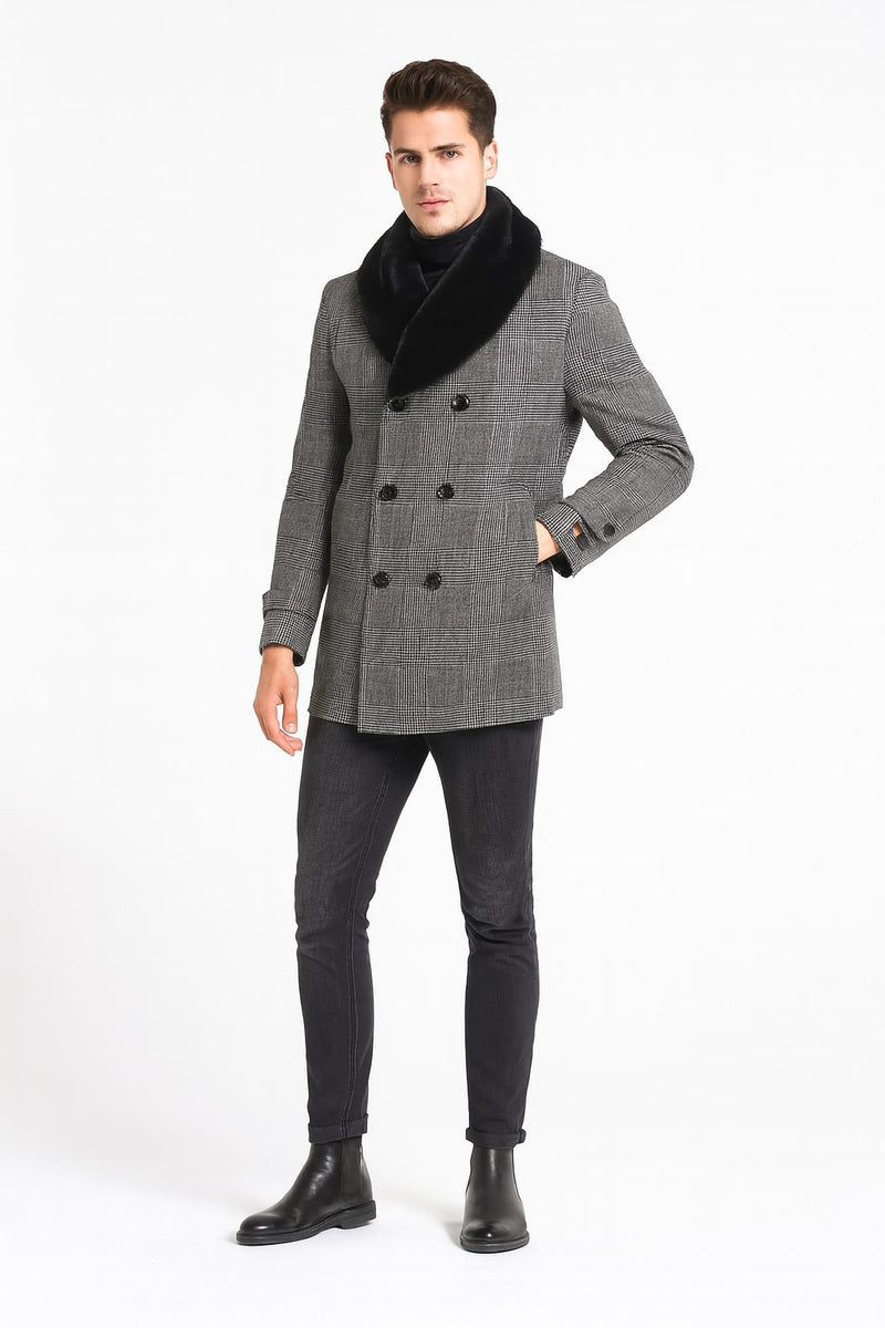 Mens Grey Plaid Double-Breasted Overcoat with Black Faux Fur Collar – Classic Winter Peacoat