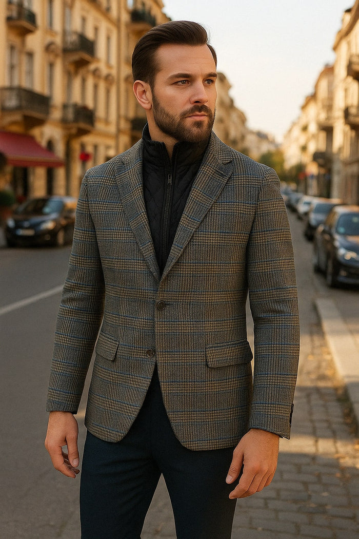 Mens Grey and Blue Glen Check Wool Blazer with Quilted Inner Layer - USA Men's Outlet