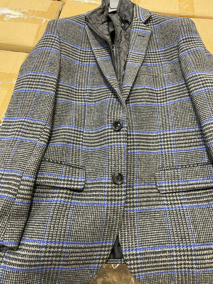 Mens Grey and Blue Glen Check Wool Blazer with Quilted Inner Layer - USA Men's Outlet
