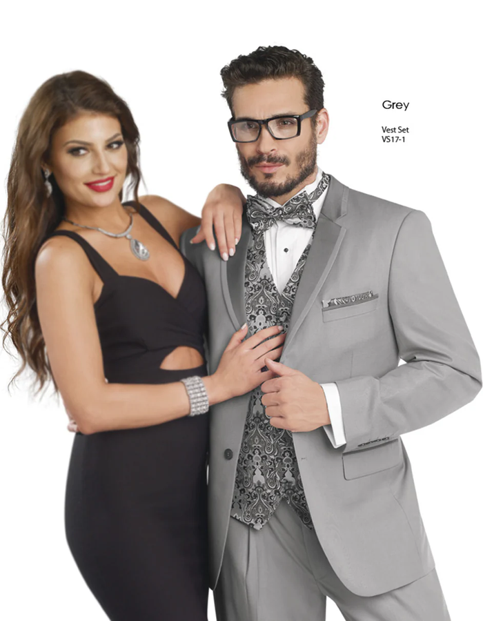Gray Prom Suit - Grey Trim Notch Tuxedo