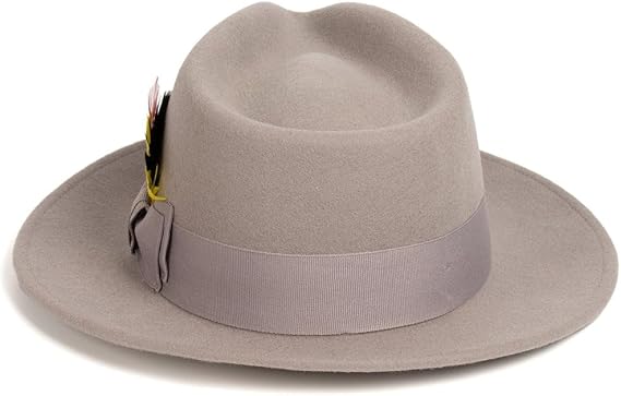 Gangster 100% Australian Wool Crushable Mens Fedora Hat - Removable Feather Gangster  Light Grey Mens Fedora Hat
