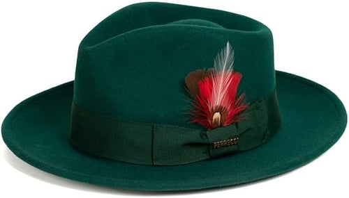 Gangster 100% Australian Wool Crushable Mens Fedora Hat - Removable Feather Gangster  Hunter Green Mens Fedora Hat
