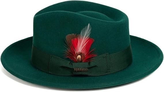 Gangster 100% Australian Wool Crushable Mens Fedora Hat - Removable Feather Gangster  Hunter Green Mens Fedora Hat