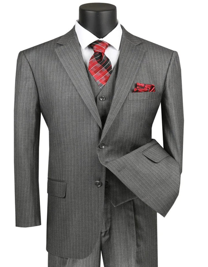 Pleated Dress Men Suits - Mens Classic Fit Vested Banker Pinstripe Grey Suit by Men's Tuxedo USA