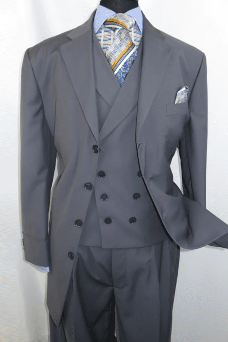 Mens 4 Button Double Breasted Vest Wool Suit in Grey