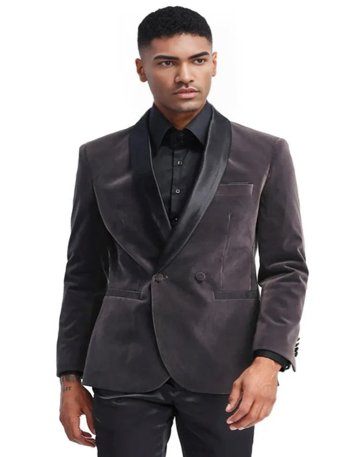 Cheap Tuxedos - Affordable Prom Suit - Men's Slim Fit Double Breasted Velvet Grey Smoking Jacket