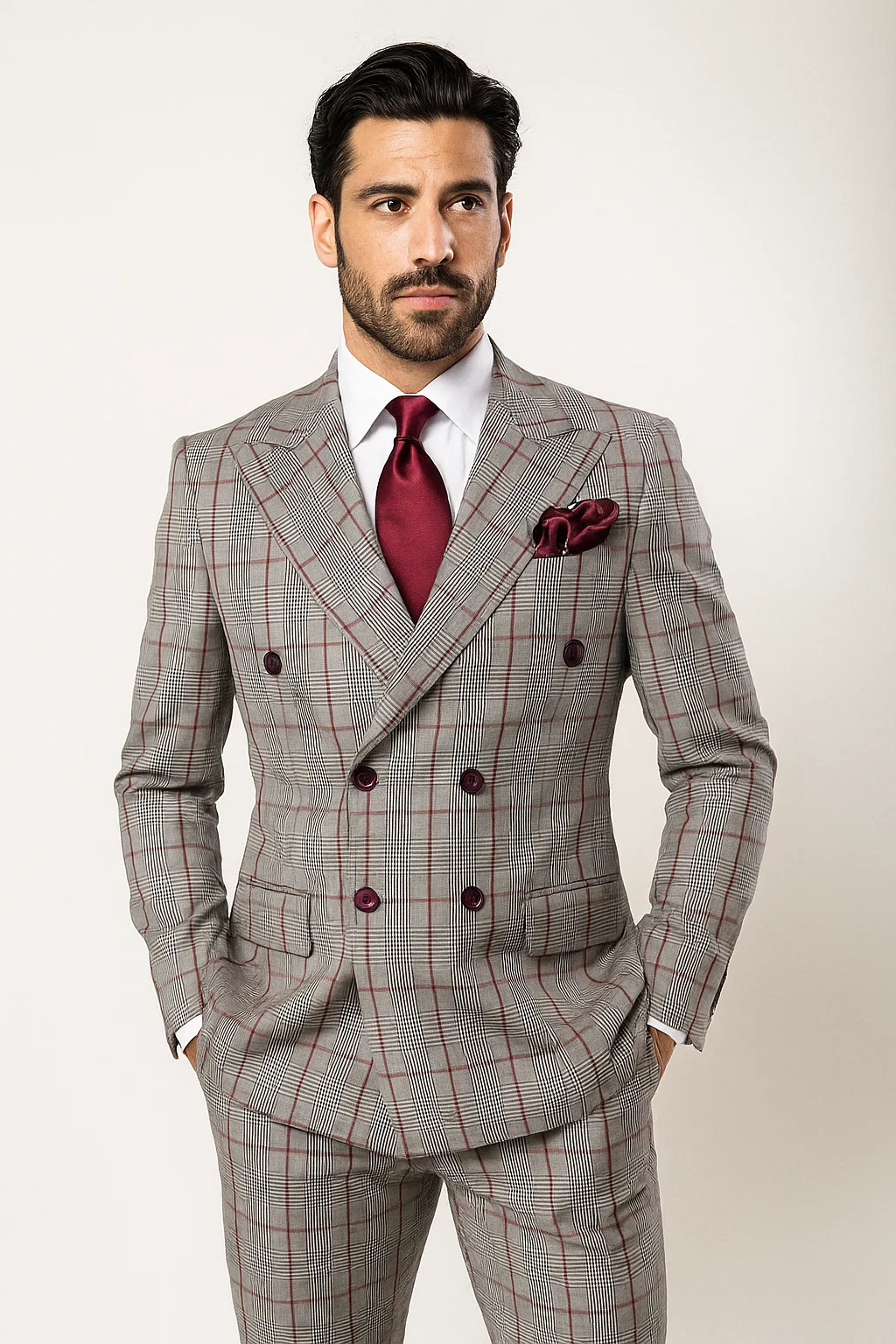 Suits With Baggy Pleated Pants - Wide Leg Pants 100% Wool - Classic Fit in Color Grey with Red Plaid by Rossiman - USA Men's Outlet