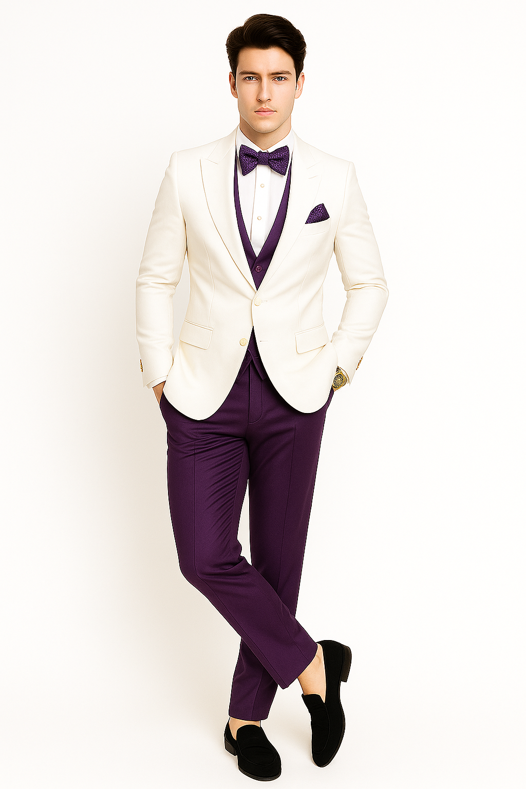 White and Purple Tuxedo Wedding Suit - White Dinner Jacket + Vest + Pants + Bow-tie